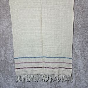 Vtg Faribo Wool Blend Waffle Weave Throw Blanket Ivory w/Stripes Fringe 51"x55"